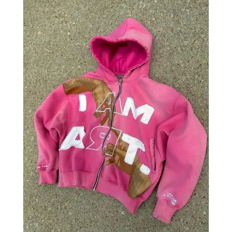 Hip-hop Trendy Streetwear Y2K Harajuku American Retro Letter Print Zipper Hoodie Men's Punk Casual Colorful Oversized Sweatshirt Menswear Tops Red Pullover Long Sleeve, Outerwear, Versatile, Comfort, Wear