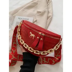 Women's Fashion Fanny Pack – Crocodile Pattern Shoulder Bag with Thick Metal Chain, Versatile Waist & Chest Bag for Daily Use, Travel, and Outdoor Activities