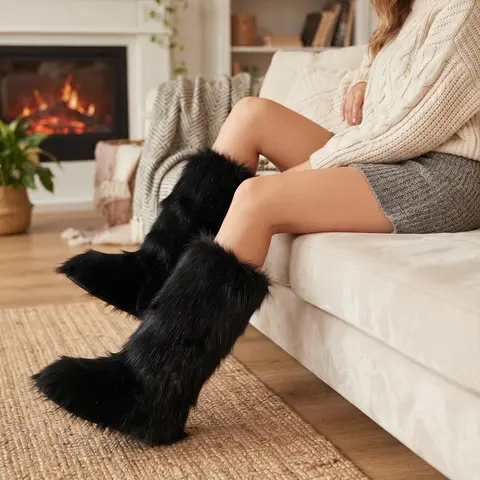 Faux Fur Boots For Women Knee High Snow Boots Round Toe Fuzzy Plush Warm Boots Non Slip Sole Cozy Pull On Fashion Boots Indoor Outdoor Casual Fall Fashion Trendy Shoes