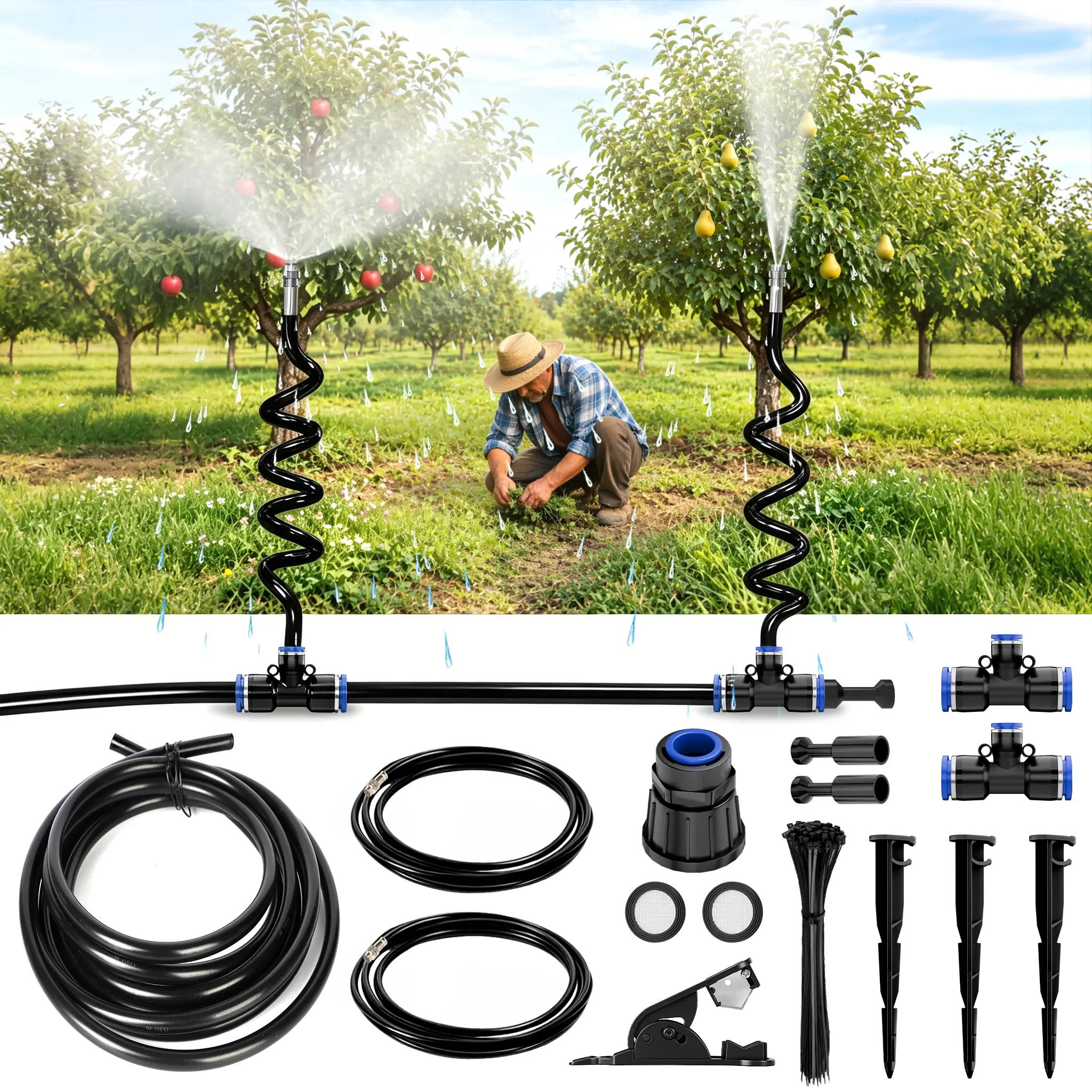 High Medium Tree Drip Irrigation System - 15FT 12mm Hose & 2Pcs 6.5FT Adjustable Nozzles, Leaf and Fruit Cleaning, Water Replenishment, Root Irrigation, Quick Installation, Suitable for Fruit Trees, Landscape Trees,summervibes