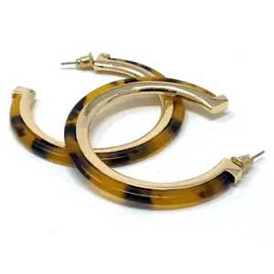 Resin Tortoise Shell Hoop Earrings With Gold Trim