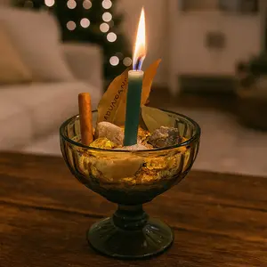 DIY Abundance Bowl Kit - Glass Money & Prosperity Ritual with Rice Mix, Cinnamon, Basil, Bay Leaf, Green Candle, Crystals, Gold Coins & Pedestal Bowl for Wealth & Protection