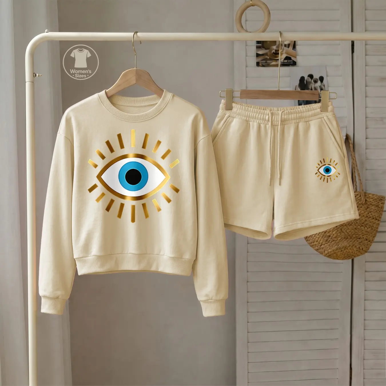 Women’s Evil Eye Graphic Sweatshirt and Shorts Set, Casual 2 Piece Outfit, Long Sleeve Pullover Top and Drawstring Shorts Matching Set, Cute Activewear for Daily Wear, Travel, Vacation and Street Style