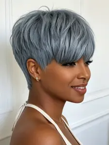 Short Grey Straight Human Hair Pixie Cut Wig for Women 613/Grey Color