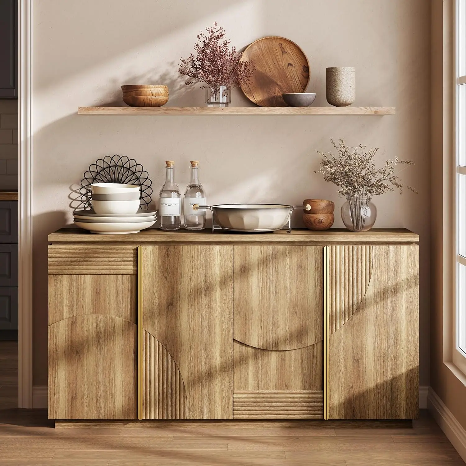 【Limited time deal】BM-CZW  Sideboard Buffet Cabinet with Storage, 62 Inch Mid Century Modern Arched Wood Buffet Table, Versatile Credenza Console Table for Kitchen, Entryway, Dining Room, or Hallway