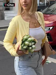 Women‘s Ribbed Solid Color Buttons Long Sleeves Crop Top, Round Neck Single-button Plain Slim-fitting T-shirt Top, Elegant Party Clb Date Holiday Daily Casual Shirt Blouse, Ladies Spring Fall Winter Cardigan Coat Tops Clothes Wear, Womenswear