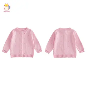 Kids Girls Sweater, Long Sleeve Button Closure Hollowed Solid Warm Knit Cardigan Tops For Casual Daily