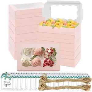 50 Pink Bakery Boxes Set: 50 Windowed Cookie Boxes + 50 Thank You Tags + 2x10m Jute Twine, Perfect for Gifting Cookies, Pastries & Treats, Cupcakes, Treats, Party Favors
