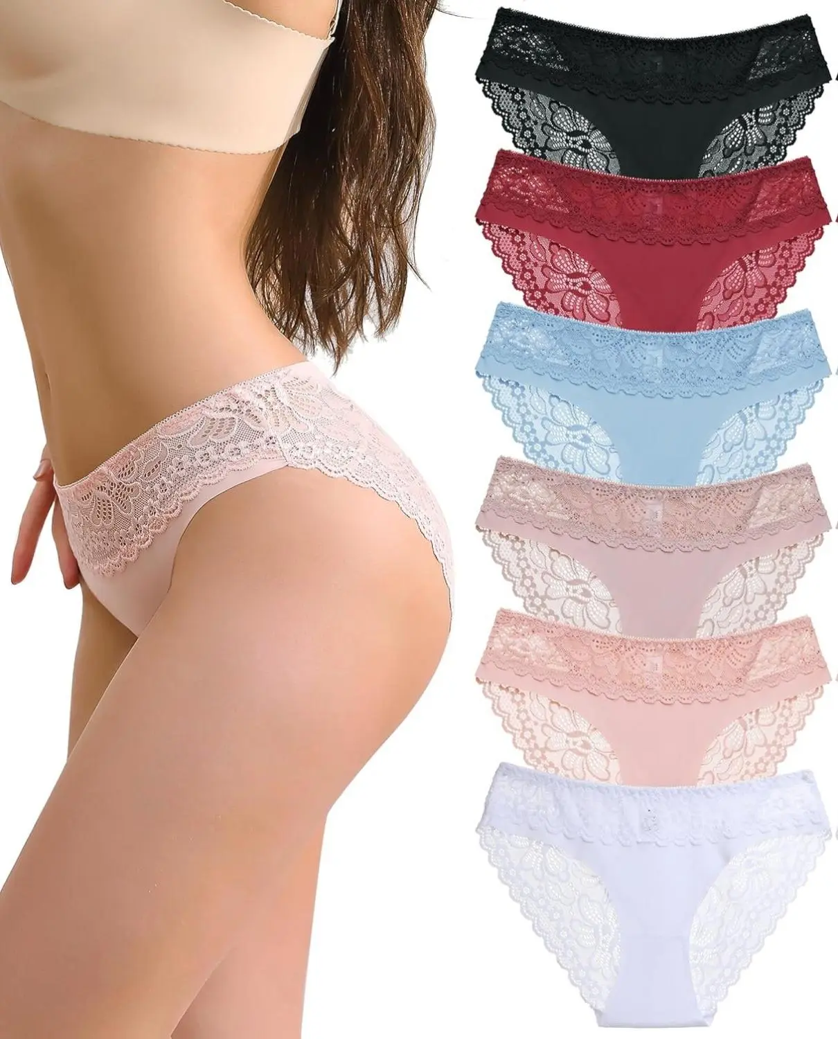 Women's 6-Pack Seamless Bikini Hipster Panties - Lace Trim, Smooth, Comfortable, Casual, Scratchproof, Silky Lightweight Breathable No-Show Basic Underwear (Denim-Compatible), Fabric