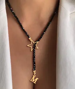 N327- Gold Necklace With Black Beads Letters , Stars!