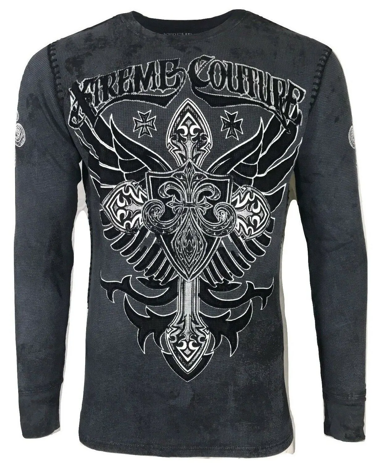 Xtreme Couture by Affliction Men's Cotton Graphic Round Neck Long Sleeve Thermal Top - Bronze Arms, Angel Wing, Skull, Emo Aesthetic Menswear