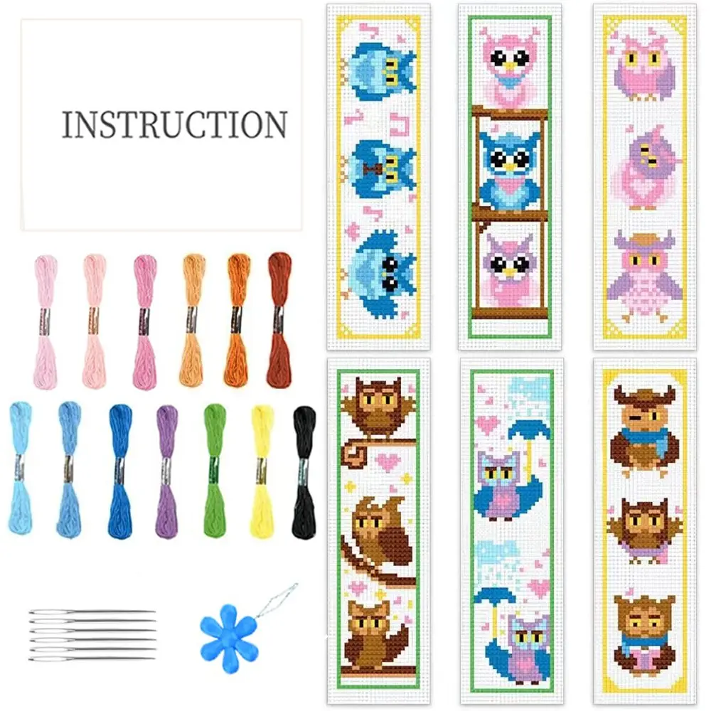 6-Piece Owl Theme Cross Stitch Bookmark DIY Kit, Beginner-Friendly Fabric Bookmark Set, Includes Stencils, Threads, Tools, Instructions
