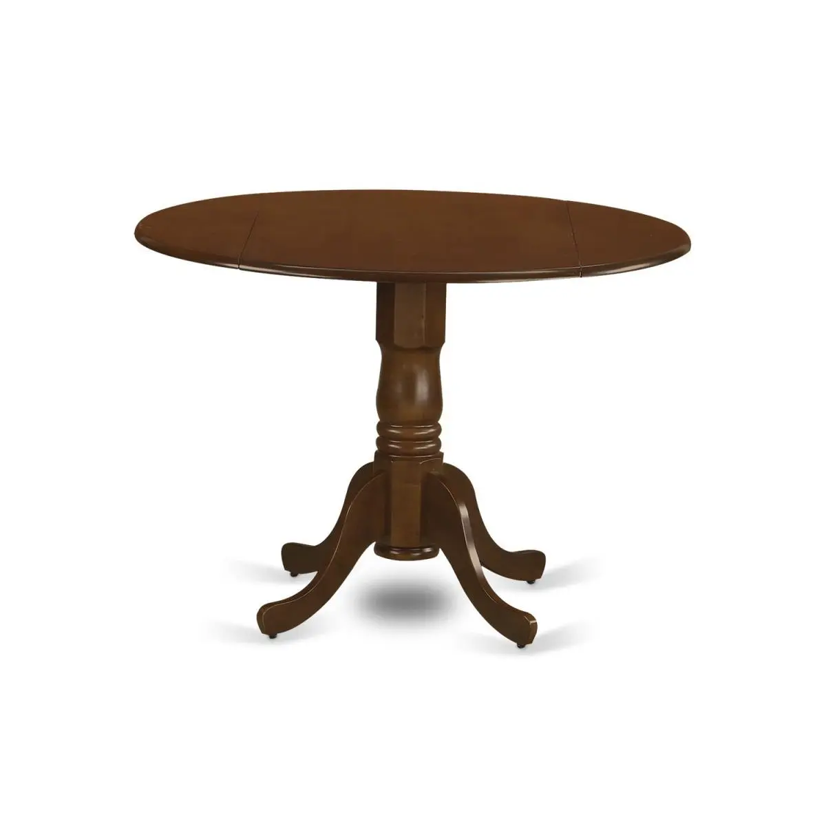 East West Furniture Dublin Round Circular Single Pedestal Extendable Small Space Dining Table, 2 x 9 in. Drop Leaves, Saddle Brown-Espresso Finish, Asian Solid Wood Construction