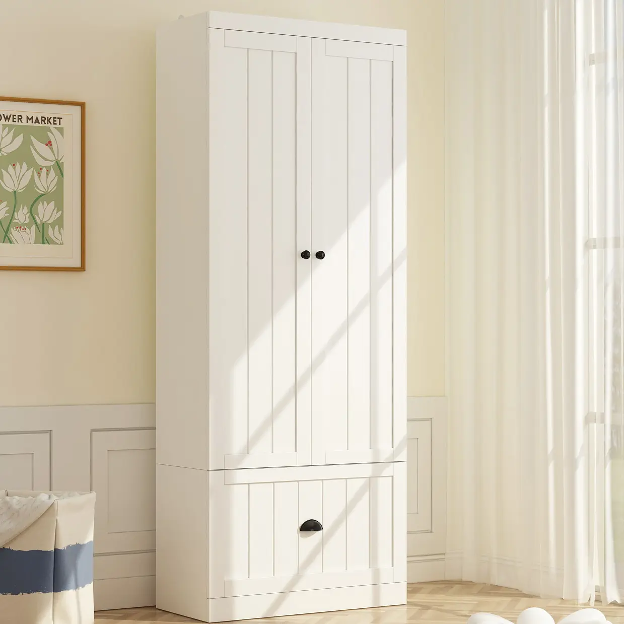 FUFU&GAGA 2 Doors Wardrobe Armoire with Drawer Wardrobe Closet with Hanging Rod, Bedroom Wood Clothes Storage Cabinet Organizer