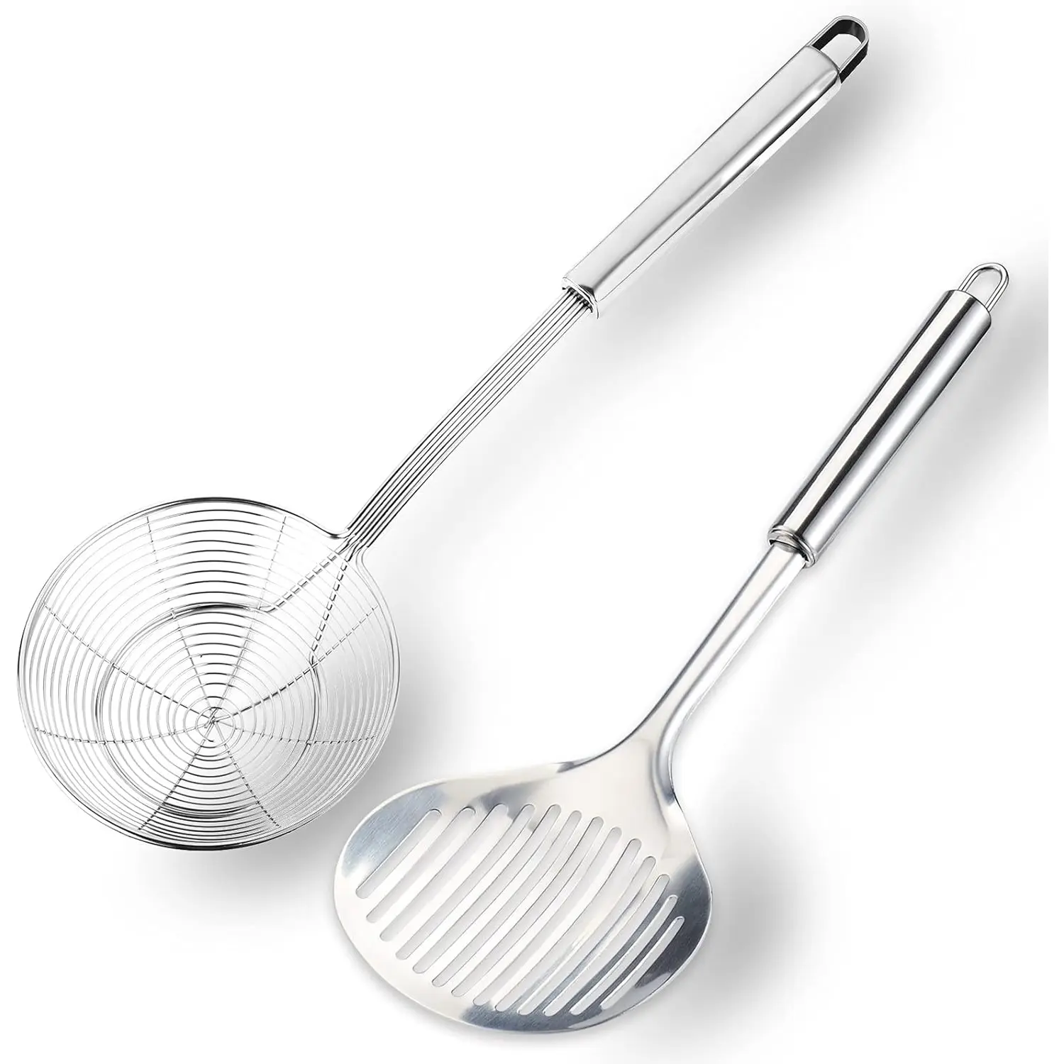 2Pcs Food Grade Stainless Steel Multi-Kitchen Cooking Tools Set - Sturdy Long Handle Slotted Spoon, Fish Turner, Spatula, Scoop, Colander Spoon, Ladle, Spider Strainer with Hanging Holes (15.5x5.5/12.6x4.8in) for Nonstick Cooking, Frying, Fry Skimming