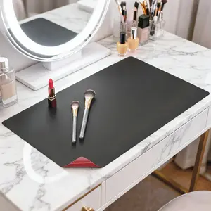 Makeup Mat for Vanity, 14 x 24 Dual-Sided Desk Pad & Vanity Cover Top, Waterproof PVC Protector Mat for Dresser, Nail Art, Craft Table (Black+Red)