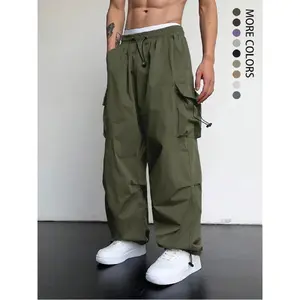 Men's Plain Pocket Drawstring Waist Cargo Pants, Loose Casual Wide Leg Trousers, Men's Bottoms, Spring Pants for Men, Drippy Outfits, Summer Outfits 2026, Going Out Outfits, Casual Streetwear Trousers
