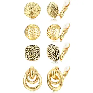 FIASASO 4-Pair Female No-Piercing Clip-On Earrings Set, High Quality Trendy Jewelry – Plated Gold Silver Hoop, Chunky Teardrop, Twist Round Stud Fake Earrings for Women