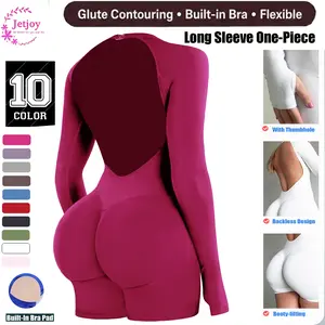 Jetjoy Seamless Long Sleeve Backless Romper, Built-in Sports Removable Pad Seamless Jumpsuit Tummy Control Romper for Women Workout Yoga Gym Seamless One Piece Jumpsuit Tummy Control Gym Shorts for Women, Workout Yoga Gym Seamless One Piece