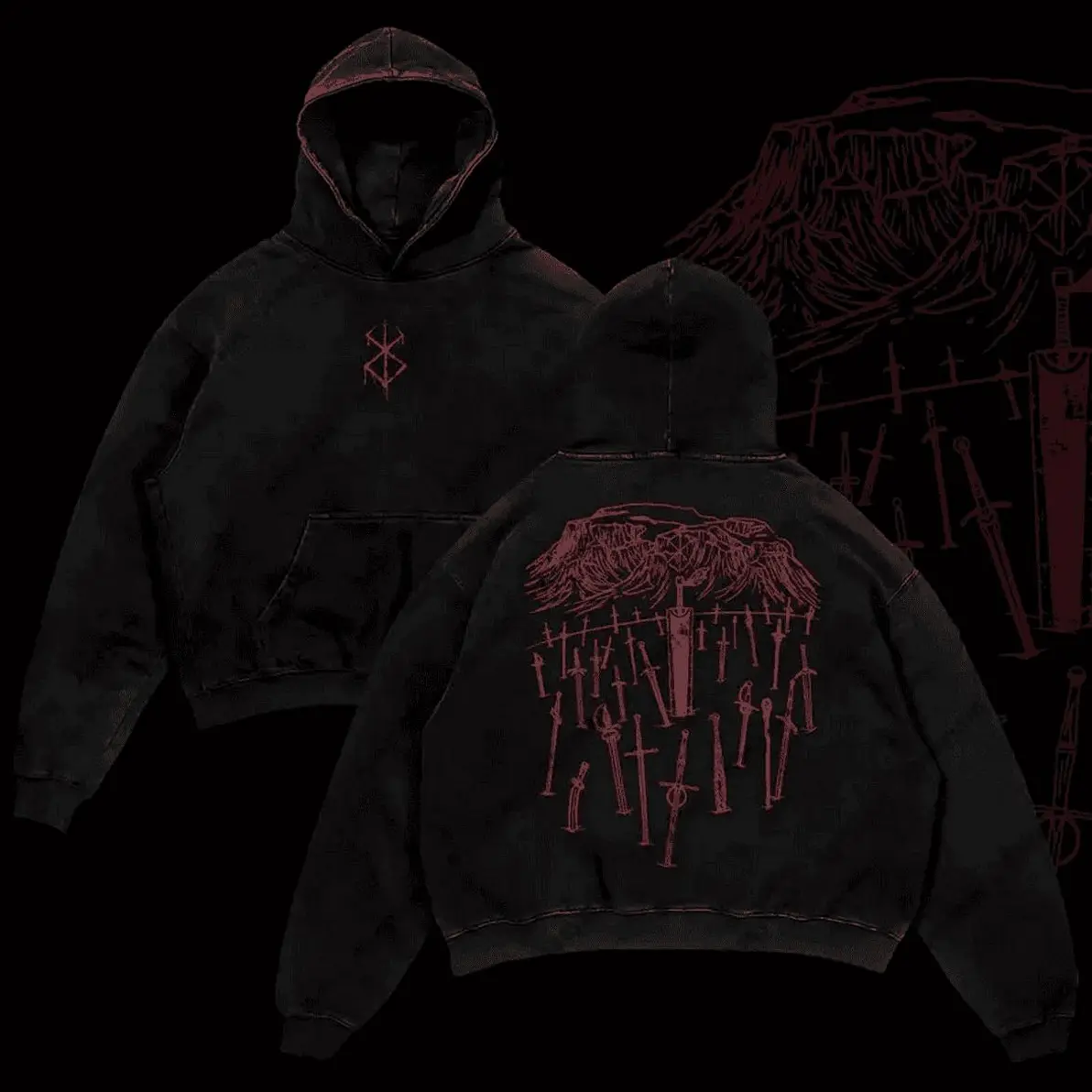 Hill Of Swords Berserk Retro Vintage Unisex Oversize Anime Manga Acid ed Heavyweight Cotton Hoodie Anime Merch Relaxed C Hoodied Comfy Cotton Hoodies