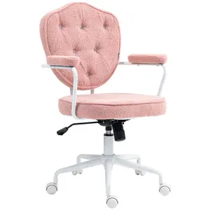 【GOOGREAT】HOMCOM Cute Home Office Chair, Computer Desk Chair with Button Tufted Teddy Bear Fleece, Swivel Vanity Chair, Pink