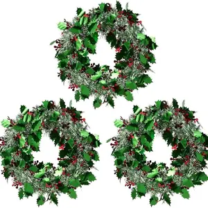 3 Pack Small Green Tinsel Front Door Wreath for Christmas, Holiday Decorations for Windows (12 x 12 Inches)