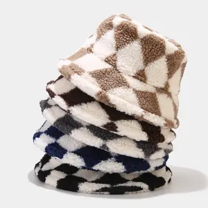 Unisex Diamond Gingham Shearling Fisherman Bucket Hat, Thick Warm Sun-Protective Slouchy Cap, Cozy Lambswool Clothes Accessory, Versatile Fashionable Winter Statement Piece,summervibes
