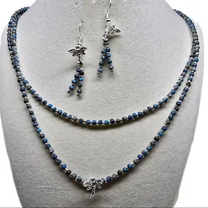 Dragonfly Beaded Necklace and Earrings Set with Blue and Silver Beads and Dragonfly Charms for Women