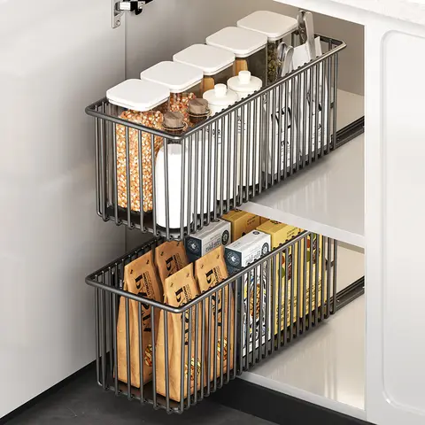 Carbon Steel Pull-Out Cabinet Organizer Basket - Smooth Sliding Kitchen Accessory with Removable Baskets, 16.14 - 22.83In Adjustable Durable Easy-Install Solution for Under Sink, Garage (Clearance Sale)