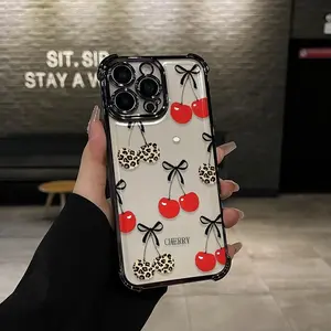 Cherry Four Corner Air Cushion Electroplating Transparent Four-corner Thickened Mobile Phone Case for iPhone 17 Air 16 15 14 13 12 11 Pro Max Plus border Electroplating with counter-fall Safety Cushion 2D printing
