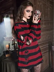 Gothic Striped Ripped Sweater Dress, Halloween Party Essential, Web Element Avant-Garde Korean Style, Fall & Winter Fitted Knitwear