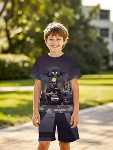 Boys' 3D Short Sleeve Set Dark City Simpson Venom Print Casual Two-Piece, Outdoor Wear, Holiday Gift, Birthday Present