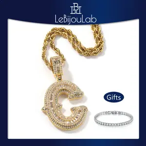 [LeBijouLab] Personalized Iced-out Bubble Initial Necklace For Men | HipHop Zirconia Letter Necklace For Women w/ 24inches Long Stainless Steel Rope Chain | 26 Alphabet Necklace For Women [Exquisite Letter Necklace: A Symbol of Personal Style]
