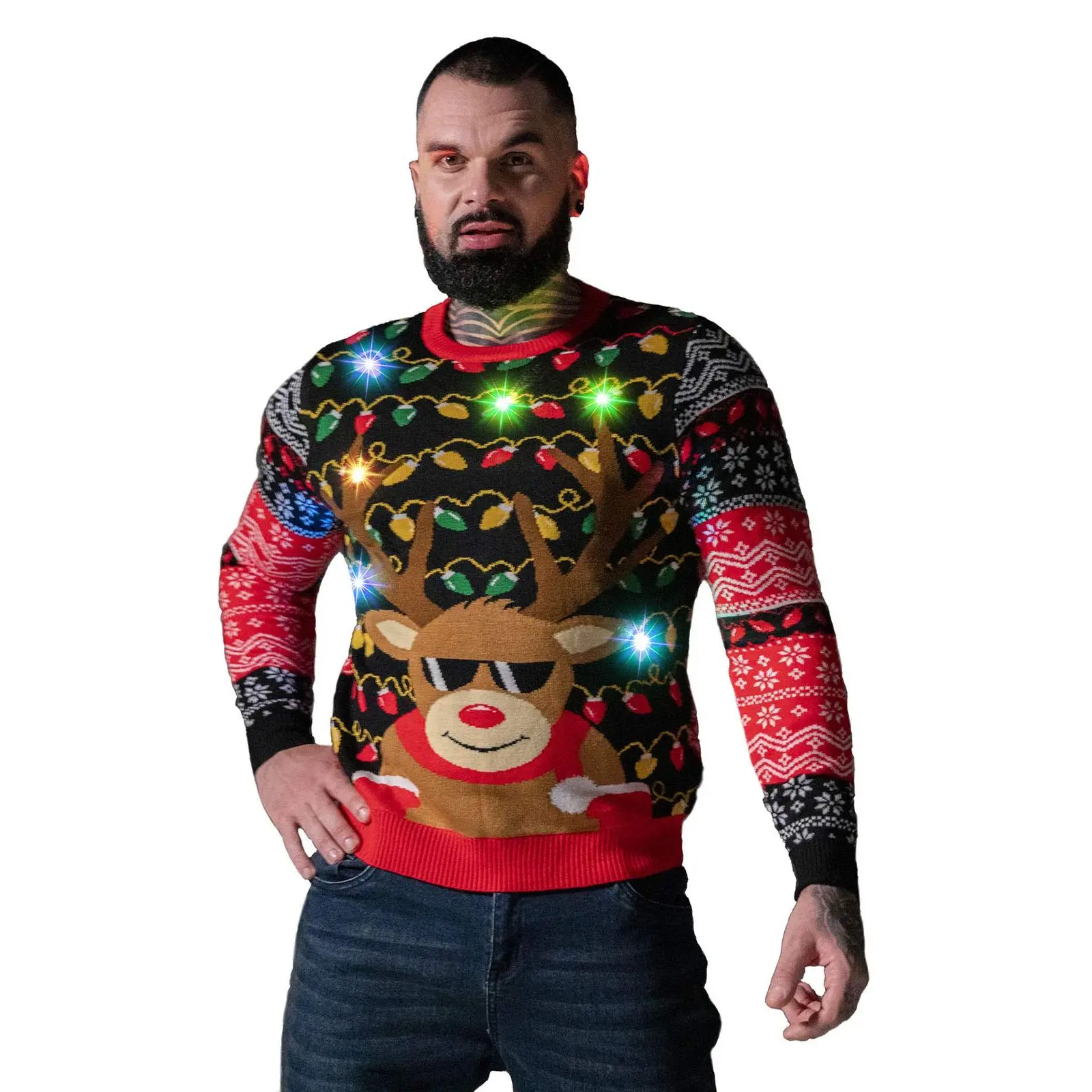 Men's Ugly Christmas Sweater with LED | Unisex Women | Xmas Pullover with Light for Party Festive, Medium - Rudy Lit Up