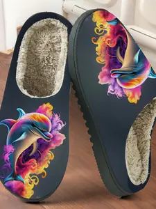 Dolphin-Print Cotton Slippers, Ocean-Inspired Plush Lining, Non-Slip Thick Rubber Sole, Warm Home Shoes for Men & Women, Fall/winter