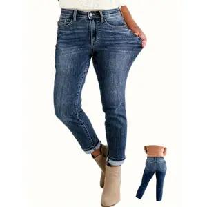 Women's Plus Size High-waist Tight-fitting Stretch Plain Jeans, Slim-fit Casual Fashion Jeans, Comfortable And Versatile Styles Womenswear Bottom Womenswear Streetwear Denim bootcutjeans Pocket PantsPure coloroutings in spring and autumn.