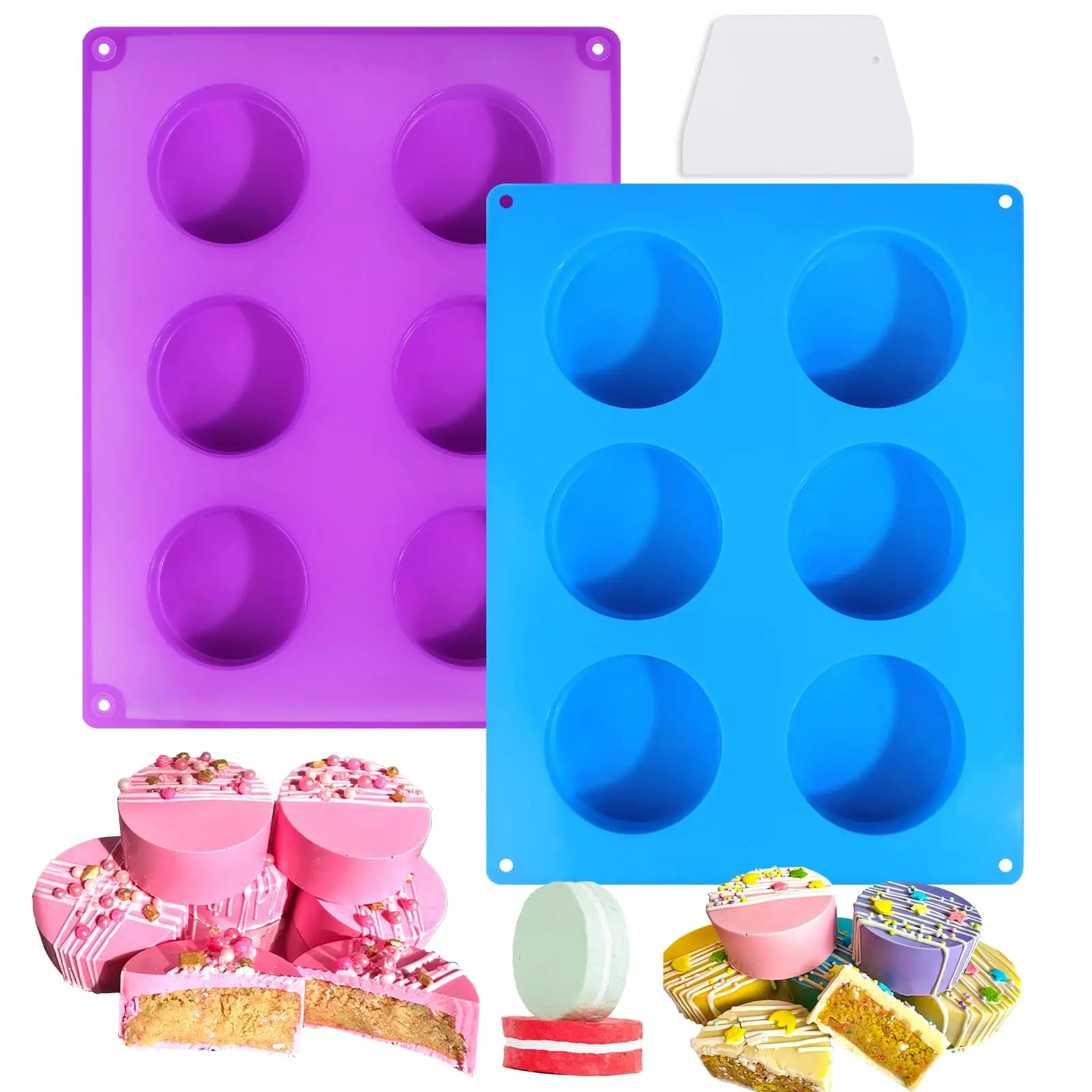 Silicone Cake Puck Mold Set Chocolate Covered Flat Pop For Cookie Candy Desserts Making  2 Molds And 1 Scraper