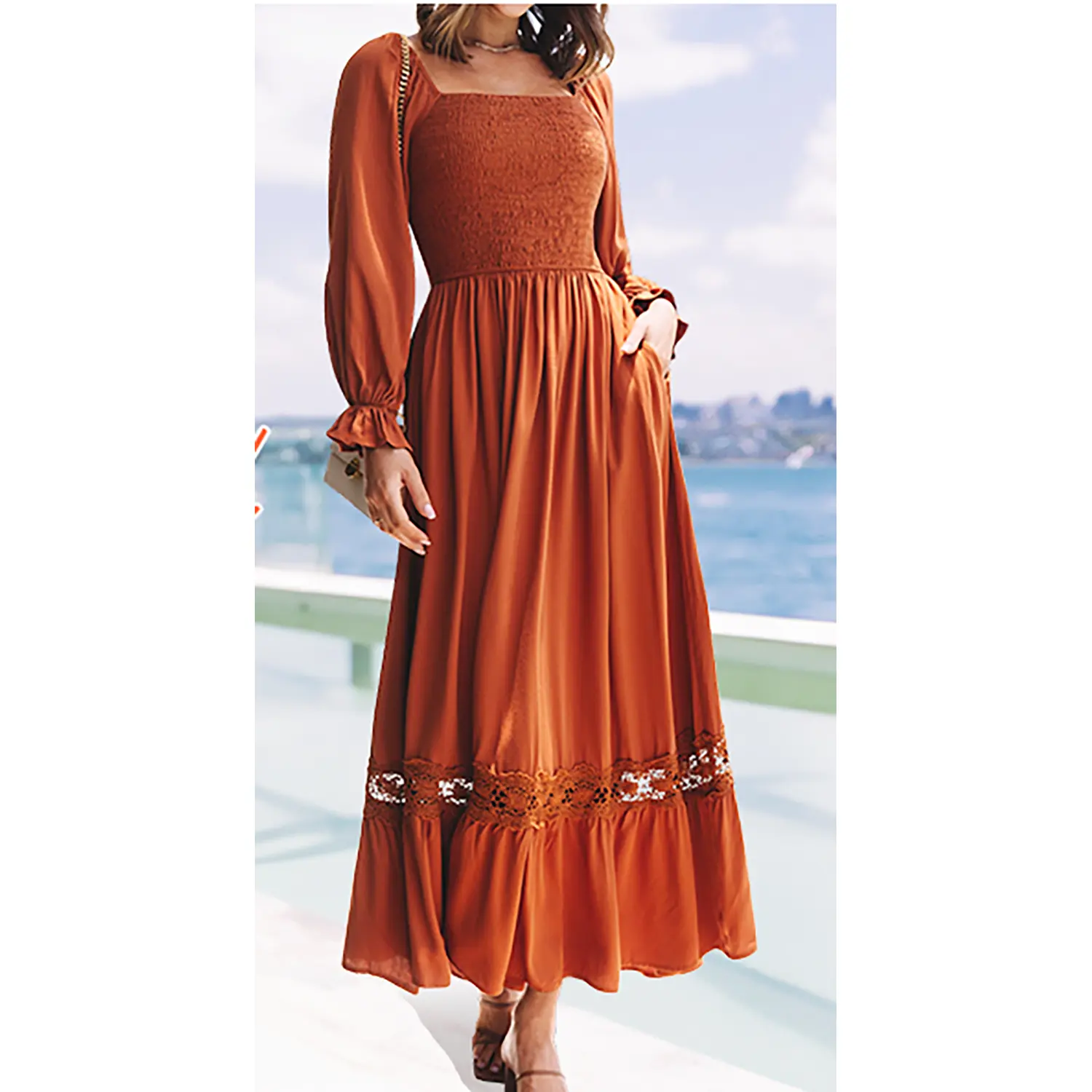 ZESICA Women's 2025 Boho Long Sleeve Square Neck Smocked High Waist Flowy A  Line Lace Trim Maxi Dress - TikTok Shop