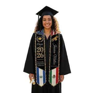 Custom Three Flags Graduation Stole 2026 – USA, Mexico & El Salvador Mixed Flag Sash with Personalized Name & School.