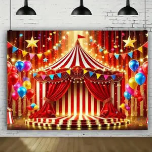 2D Flat Polyester Circus Theme Photography Background, Birthday Banner Supplies, Cake Table Photo Booth Party Decorations, Multi-Purpose Portrait Backdrop