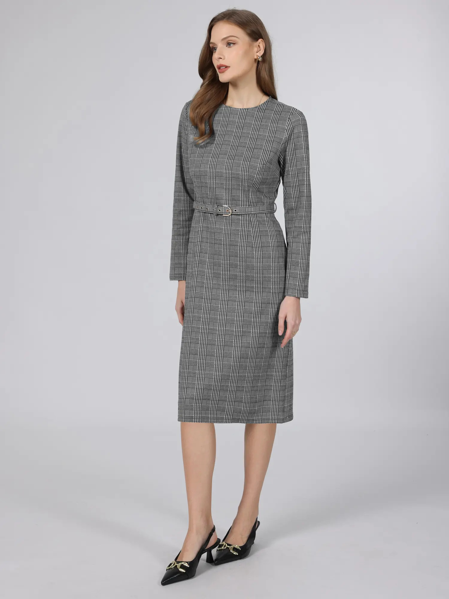 INSPIRE CHIC Women's Houndstooth Plaid Dress Long Sleeve Belted Business Office Pencil Dresses