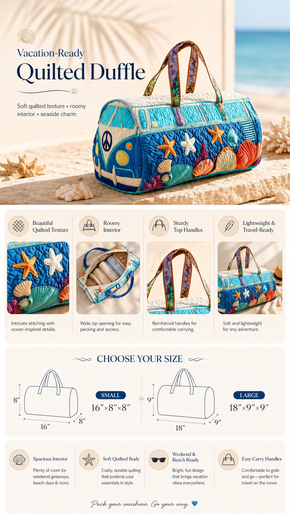 Women's Beachy Patchwork Weekender Bag, Coastal Camper Quilted Duffel, Large Capacity Overnight Tote for Travel, Resort, Pool and Daily Carry