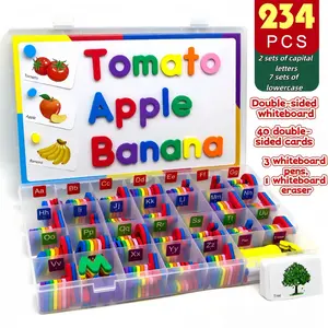 The magnetic letter learning set for toddlers includes 234 magnetic letters, a double-sided whiteboard, 3 markers, an eraser, cards and a storage box, as well as learning materials