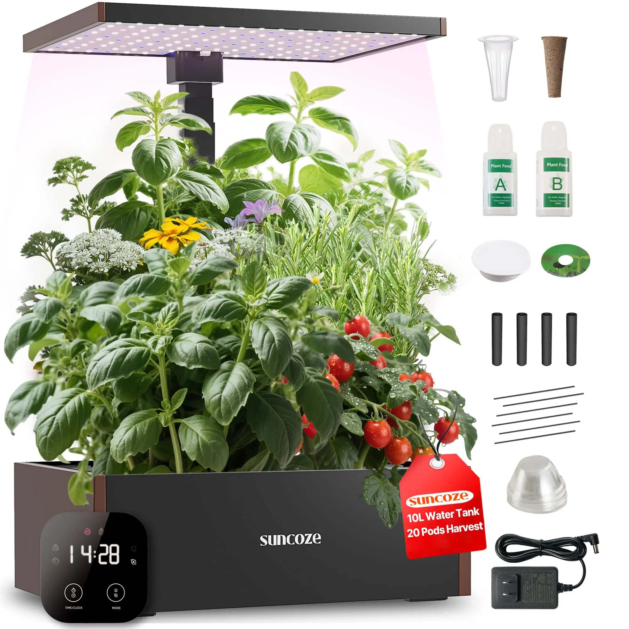 SUNCOZE Modern Hydroponics Growing System Kit - 12/20 Plastic Pods, Indoor Herb Garden with 20W/24W/30W Growing LED Light, 4L/10L Large Water Tank, Adjustable Height, Built-in Pump, Durable Tray, Full Exposure, Gardening Gift
