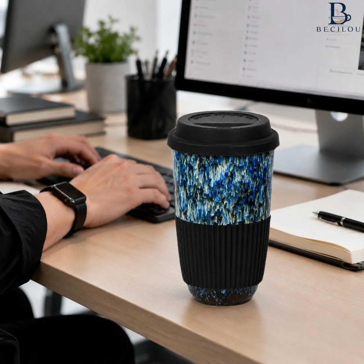 BECILOU 16 oz Ceramic Travel Coffee Cup with Lid – Premium glazed ceramic body with silicone heat-resistant sleeve; a portable cup suitable for the office, daily commuting, and car use.