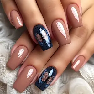 24pcs Stylish Nude Short Square Press-On Nails, Blue Contrast Butterfly Print Design, Reusable Easy Application for Elegant Manicure