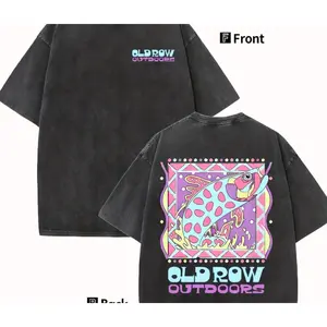 Vintage Washed Heavyweight Tee  Retro Fish & Letter Print, Oversized Casual Short Sleeve Shirt, Double-Sided Design, Breathable Brown for Summer & Daily Wear, TikTok Viral Streetwear Top