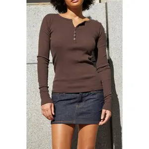 John Galt Women's Brown Ribbed Long Sleeve Top