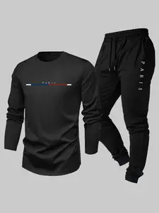 Men’s Paris Graphic Tracksuit Set - Long Sleeve Crewneck T-Shirt & Black Drawstring Jogger Pants, Knit Minimalist Urban Streetwear for Casual Daily Wear, City Strolls, Travel Outfits, Gym Sessions & Effortless Athleisure Style, Soft Comfortable Fabric