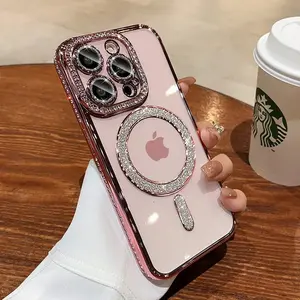 Phone Case for iPhone 11 12 13 14 Plus Case Magnetic Full Camera Len Protection[Compatibility with MagSafe] Clear Diamond Rhinestone Shockproof Cute Sparkle Bling Case for 14 15plus